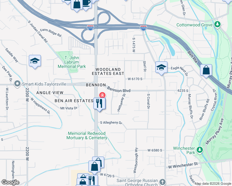 map of restaurants, bars, coffee shops, grocery stores, and more near 1629 Bennion Boulevard in Taylorsville