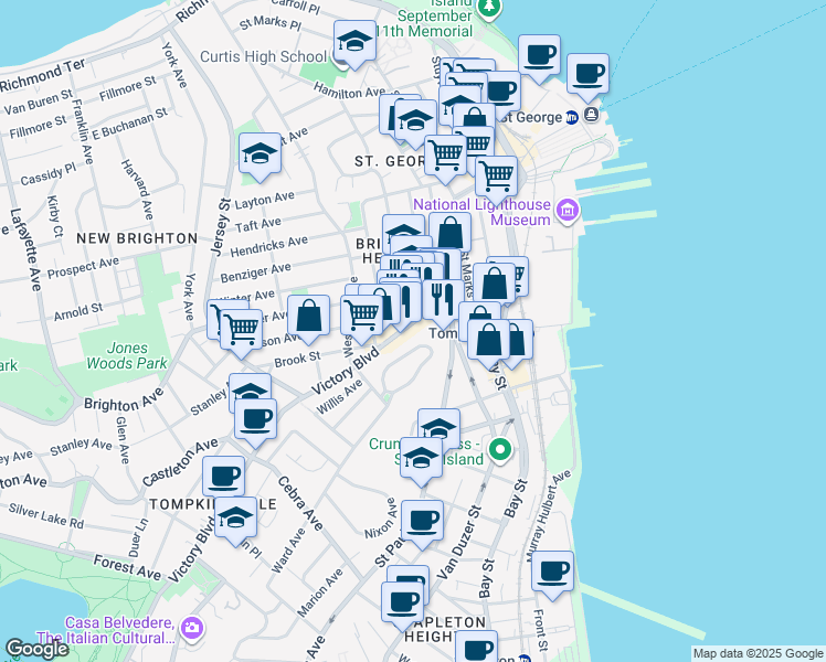 map of restaurants, bars, coffee shops, grocery stores, and more near 72 Victory Boulevard in Staten Island