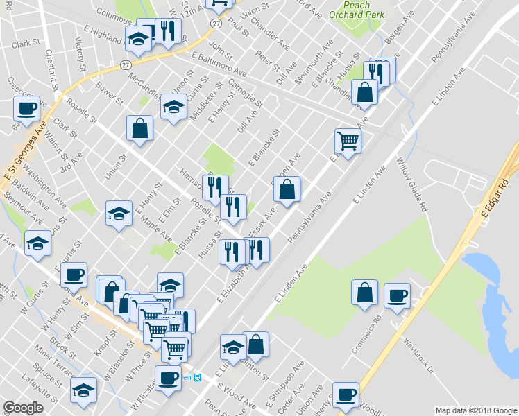map of restaurants, bars, coffee shops, grocery stores, and more near 714 Bergen Avenue in Linden