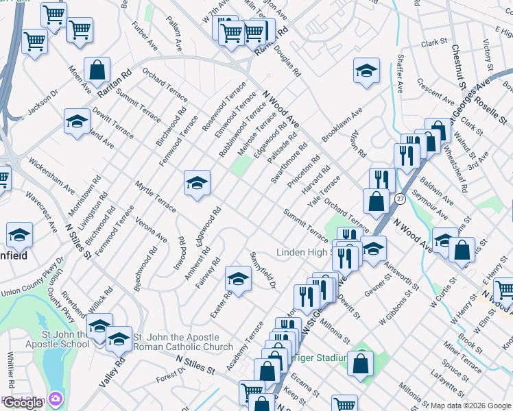 map of restaurants, bars, coffee shops, grocery stores, and more near 204 Swarthmore Road in Linden