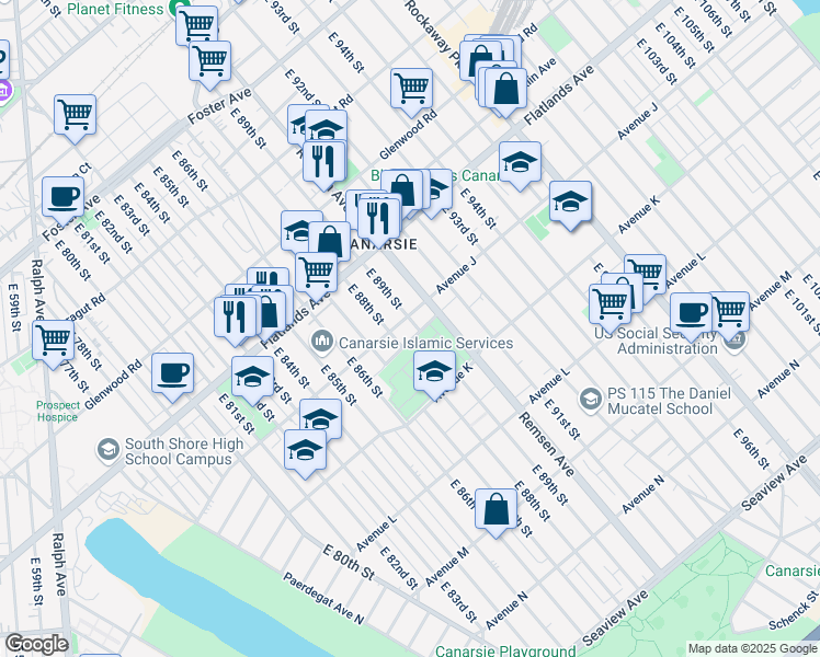 map of restaurants, bars, coffee shops, grocery stores, and more near 1006 East 89th Street in Brooklyn
