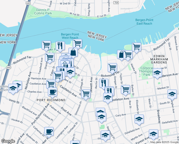 map of restaurants, bars, coffee shops, grocery stores, and more near 1933 Richmond Terrace in Staten Island
