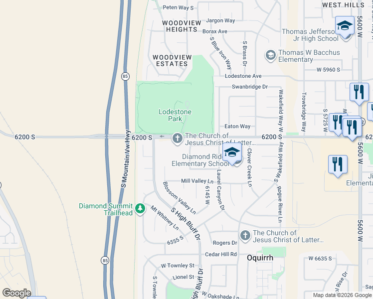 map of restaurants, bars, coffee shops, grocery stores, and more near 6232 West Deer Springs Lane in Salt Lake City