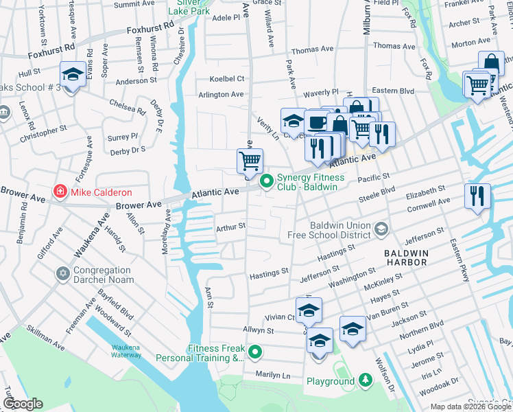 map of restaurants, bars, coffee shops, grocery stores, and more near 2911 Grand Avenue in Baldwin
