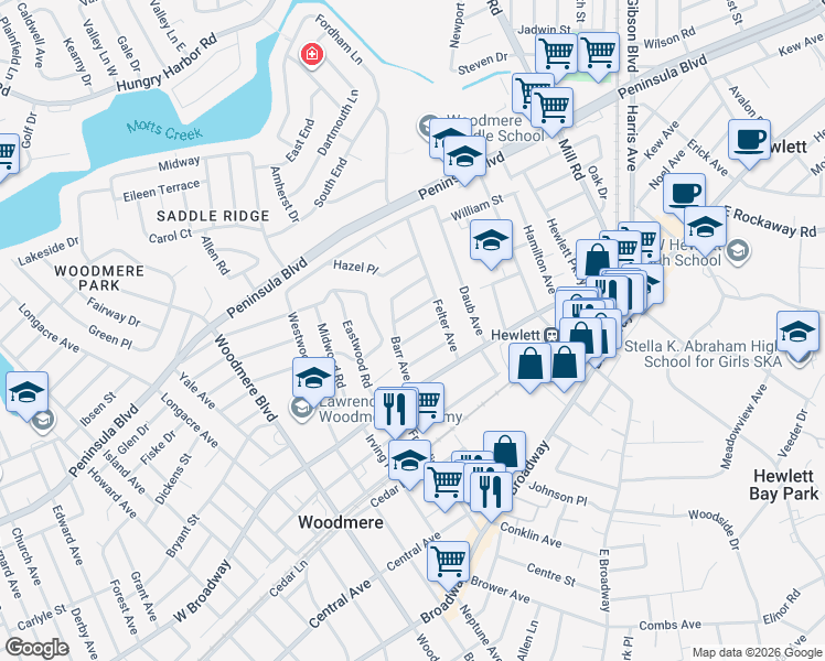 map of restaurants, bars, coffee shops, grocery stores, and more near 1051 Roselle Place in Woodmere