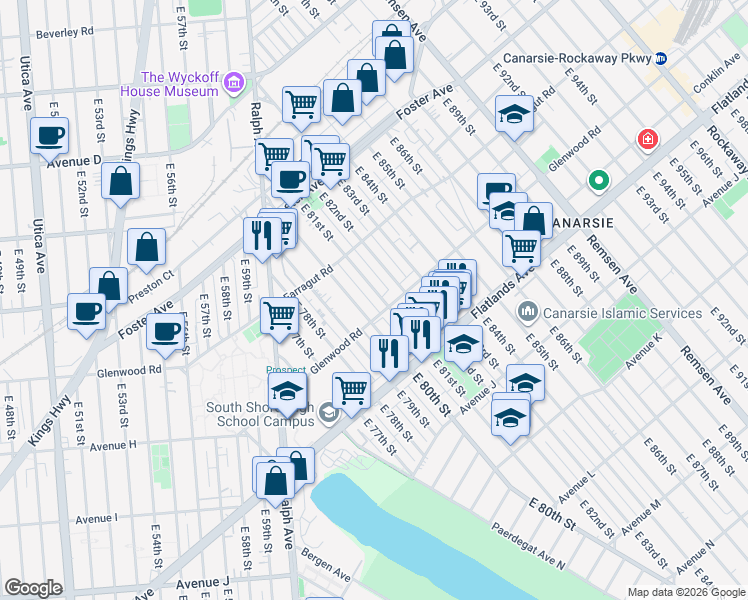 map of restaurants, bars, coffee shops, grocery stores, and more near 649 East 80th Street in Brooklyn