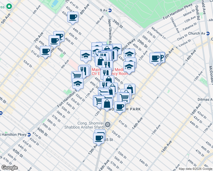 map of restaurants, bars, coffee shops, grocery stores, and more near 1123 48th Street in Brooklyn