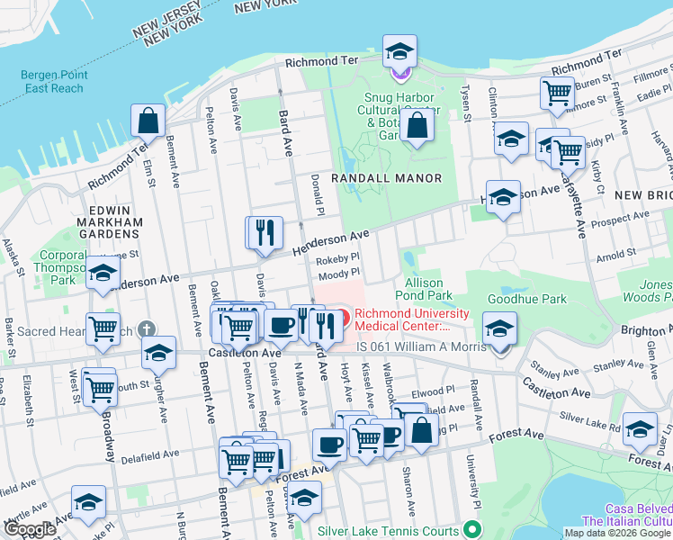 map of restaurants, bars, coffee shops, grocery stores, and more near 34 Rokeby Place in Staten Island