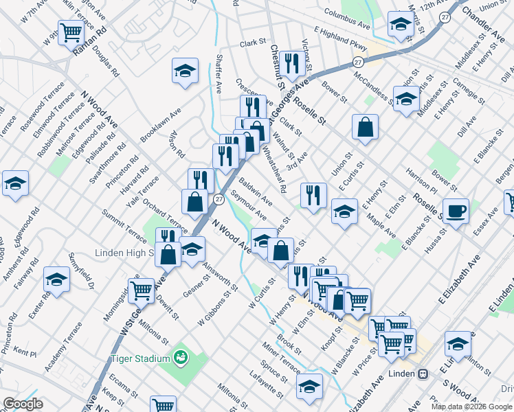 map of restaurants, bars, coffee shops, grocery stores, and more near 840 Baldwin Avenue in Linden