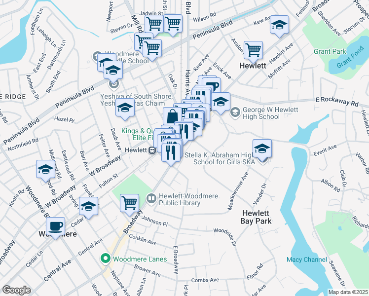map of restaurants, bars, coffee shops, grocery stores, and more near 1239 Broadway in Hewlett