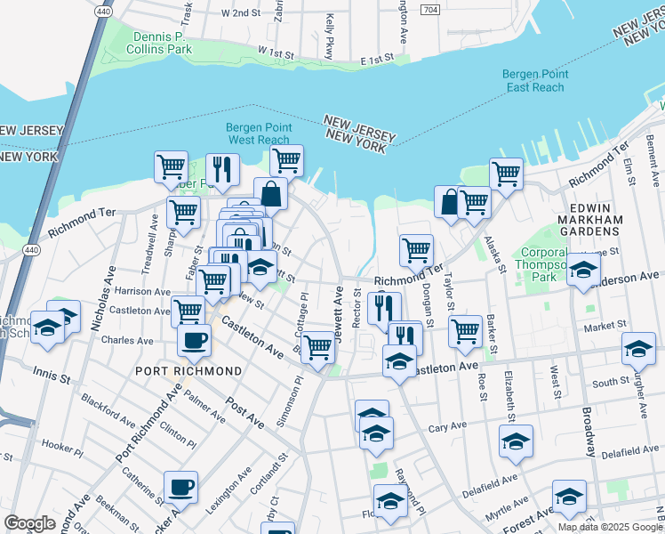 map of restaurants, bars, coffee shops, grocery stores, and more near 1933 Richmond Terrace in Staten Island
