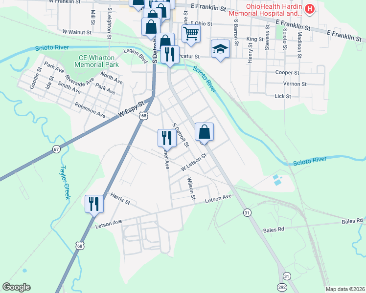 map of restaurants, bars, coffee shops, grocery stores, and more near 804 South Detroit Street in Kenton