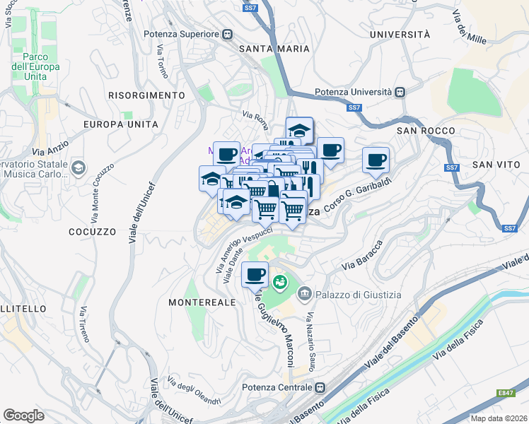 map of restaurants, bars, coffee shops, grocery stores, and more near 8 Vico assisi in Potenza