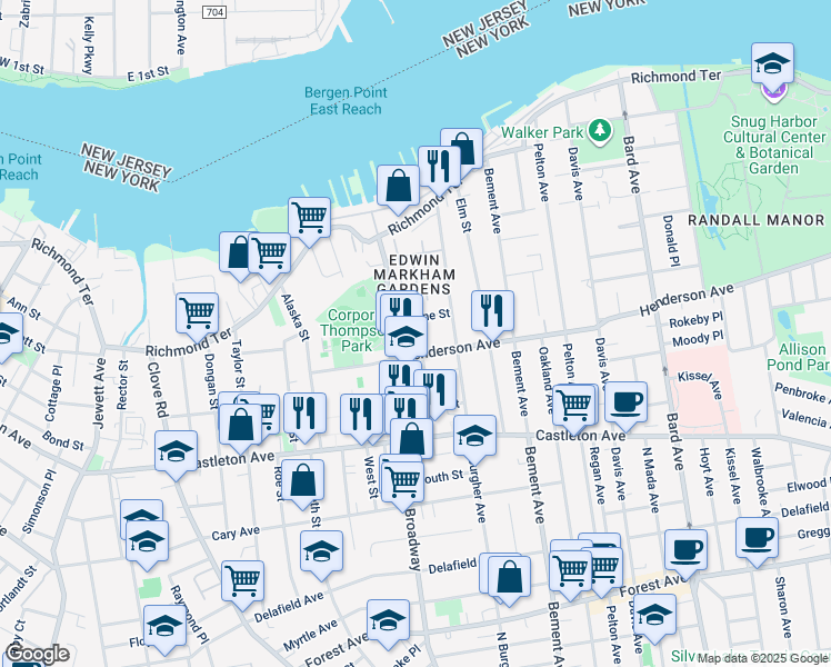 map of restaurants, bars, coffee shops, grocery stores, and more near 38 Wayne Street in Staten Island