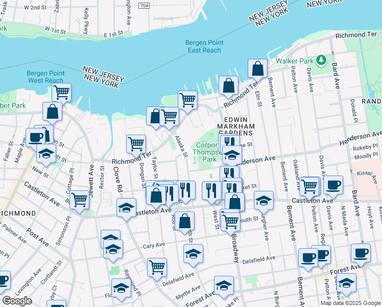 map of restaurants, bars, coffee shops, grocery stores, and more near 43 Alaska Street in Staten Island