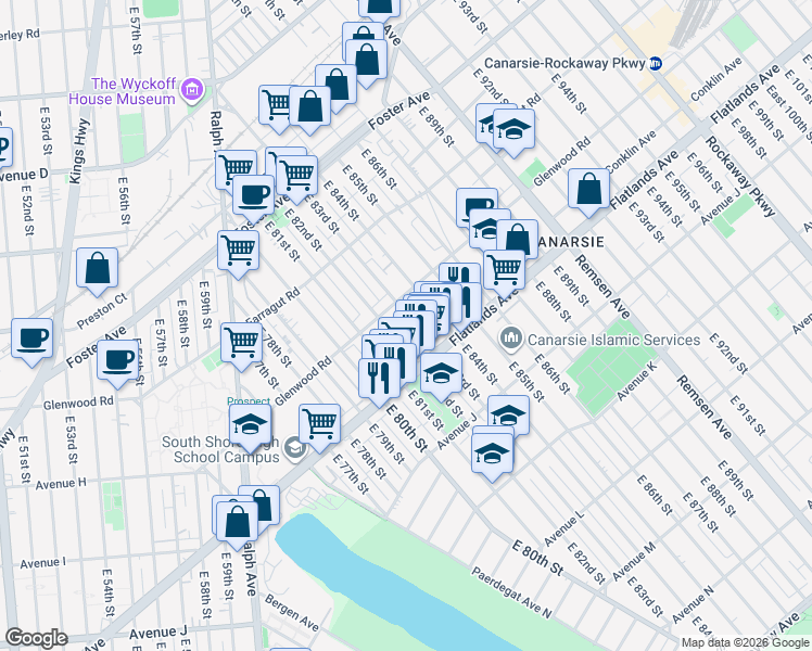 map of restaurants, bars, coffee shops, grocery stores, and more near 716 East 83rd Street in Brooklyn