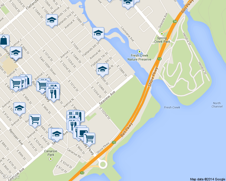 map of restaurants, bars, coffee shops, grocery stores, and more near 1483 East 105th Street in Brooklyn