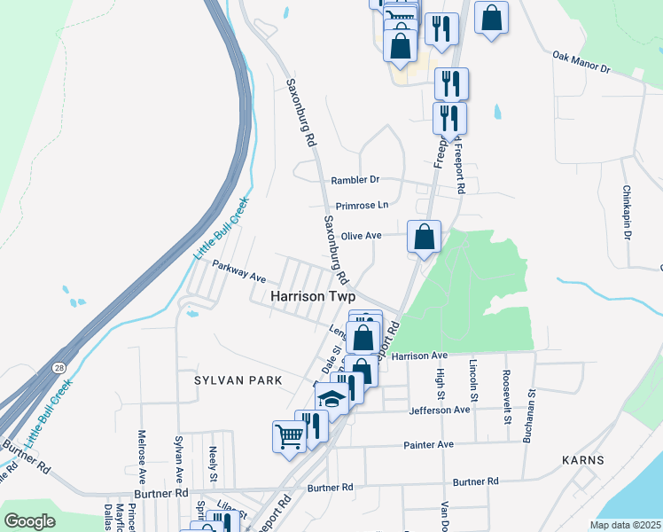 map of restaurants, bars, coffee shops, grocery stores, and more near 1300 Stewart Street in Natrona Heights