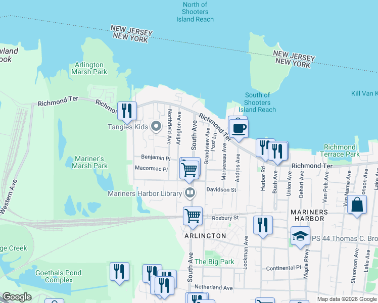 map of restaurants, bars, coffee shops, grocery stores, and more near 90 South Avenue in Staten Island