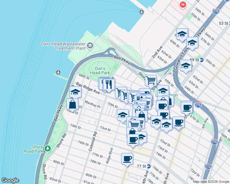 map of restaurants, bars, coffee shops, grocery stores, and more near 163 68th Street in Brooklyn