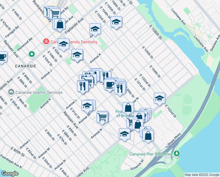 map of restaurants, bars, coffee shops, grocery stores, and more near 1821 Rockaway Parkway in Brooklyn