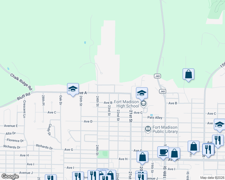 map of restaurants, bars, coffee shops, grocery stores, and more near 2226 Mokena Terrace in Fort Madison