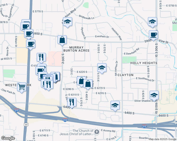 map of restaurants, bars, coffee shops, grocery stores, and more near 421 East 6220 South in Murray