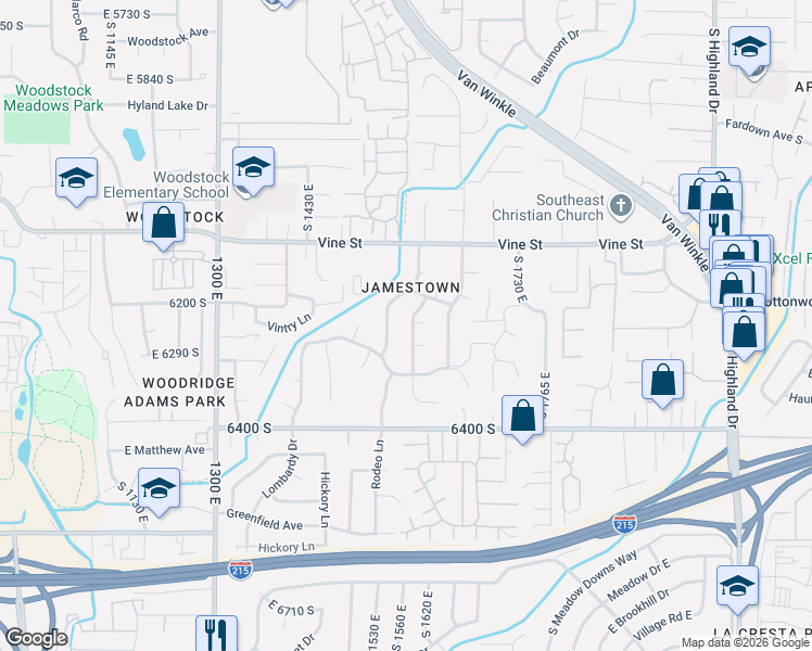 map of restaurants, bars, coffee shops, grocery stores, and more near 6246 Lorreen Drive in Murray