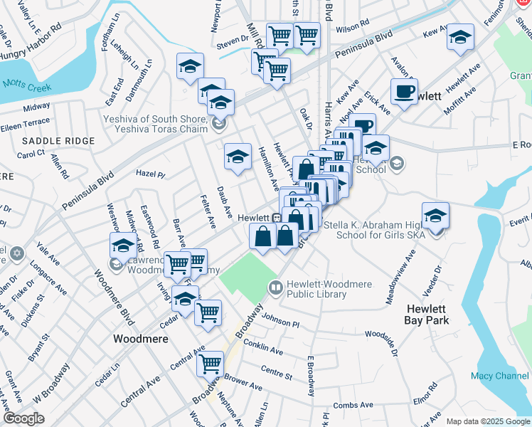 map of restaurants, bars, coffee shops, grocery stores, and more near 227 Franklin Avenue in Hewlett