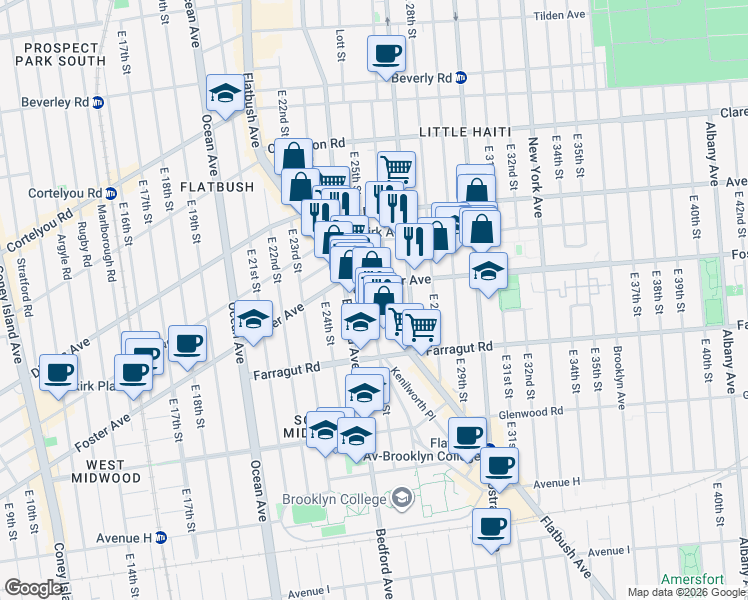 map of restaurants, bars, coffee shops, grocery stores, and more near 1351 Flatbush Avenue in Brooklyn