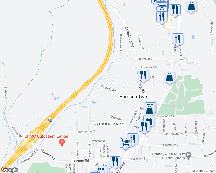 map of restaurants, bars, coffee shops, grocery stores, and more near 1502 Parkway Avenue in Natrona Heights
