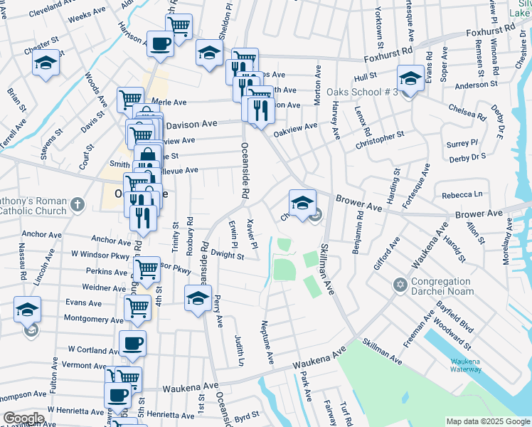 map of restaurants, bars, coffee shops, grocery stores, and more near 206 Evers Lane in Oceanside
