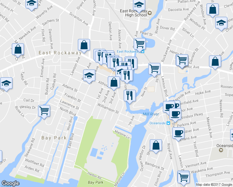 map of restaurants, bars, coffee shops, grocery stores, and more near 3 Morton Avenue in East Rockaway