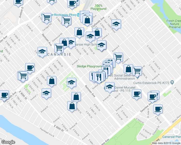 map of restaurants, bars, coffee shops, grocery stores, and more near 9208 Avenue K in Brooklyn