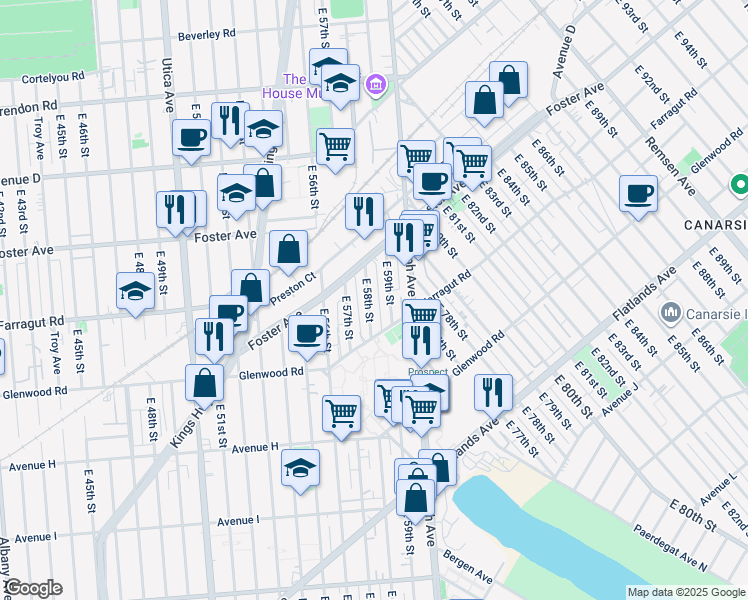 map of restaurants, bars, coffee shops, grocery stores, and more near 694 East 58th Street in Brooklyn