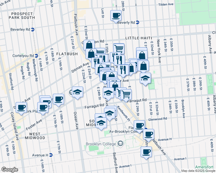 map of restaurants, bars, coffee shops, grocery stores, and more near 1351 Flatbush Avenue in Brooklyn