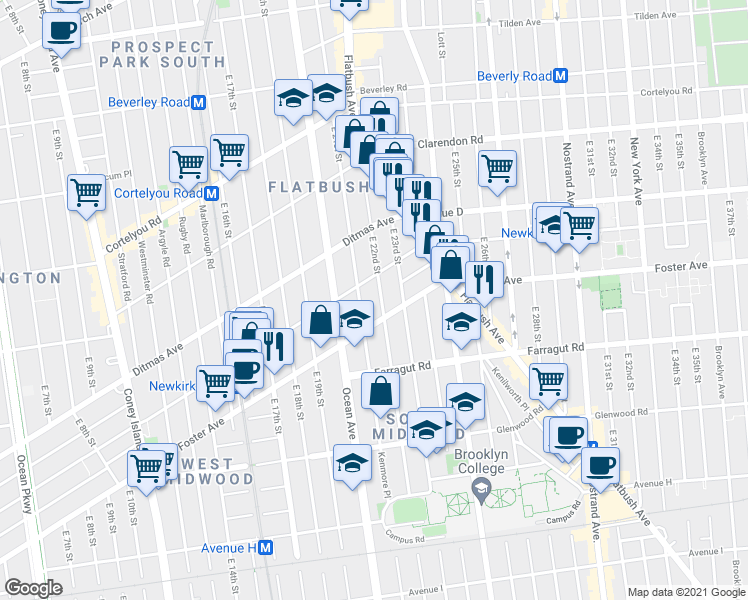 map of restaurants, bars, coffee shops, grocery stores, and more near 651 East 21st Street in Brooklyn