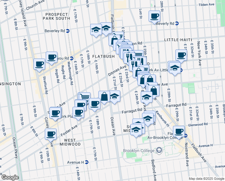 map of restaurants, bars, coffee shops, grocery stores, and more near 651 East 21st Street in Brooklyn