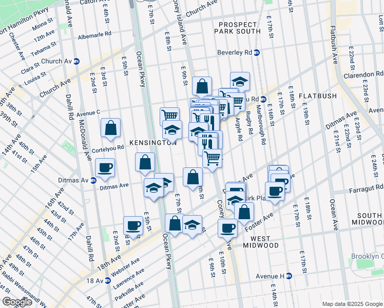 map of restaurants, bars, coffee shops, grocery stores, and more near 425 East 9th Street in Brooklyn