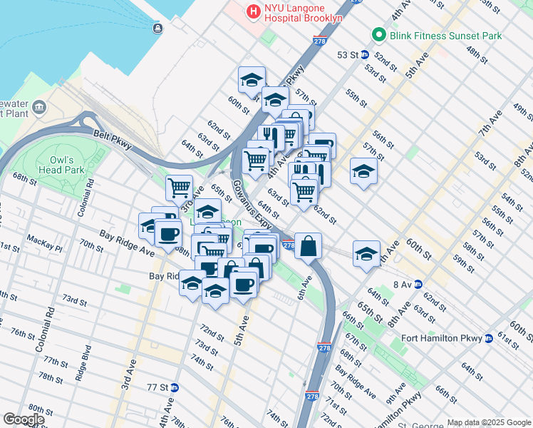 map of restaurants, bars, coffee shops, grocery stores, and more near 416 64th Street in Brooklyn