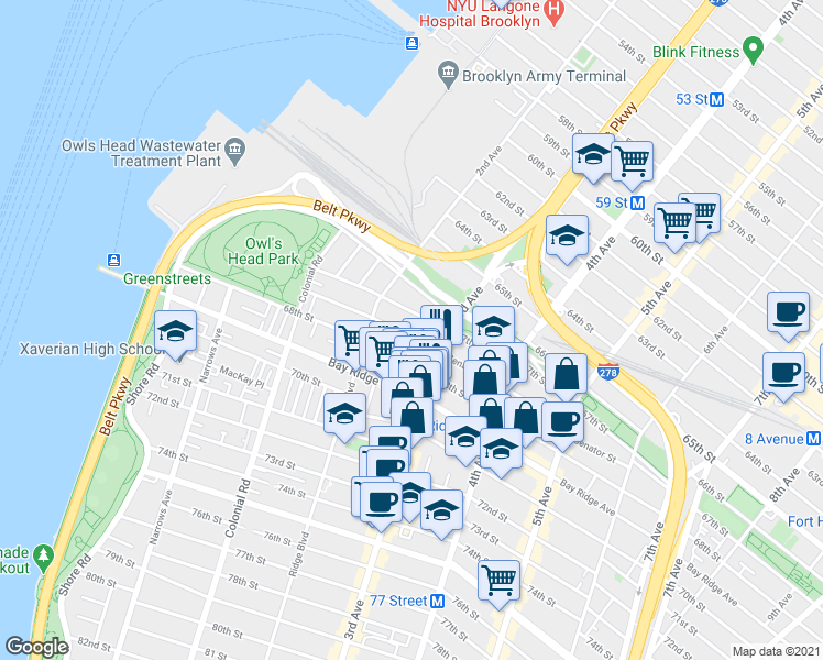 map of restaurants, bars, coffee shops, grocery stores, and more near 246 67th Street in Brooklyn