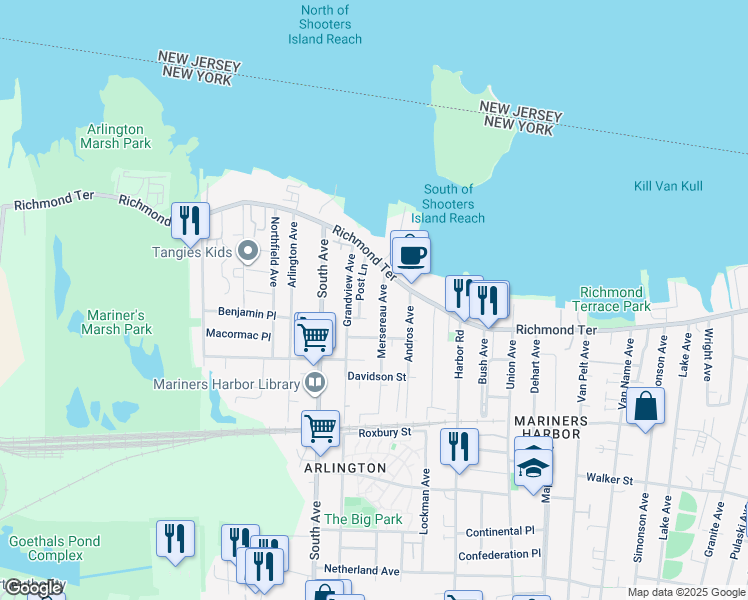 map of restaurants, bars, coffee shops, grocery stores, and more near 57 Post Lane in Staten Island