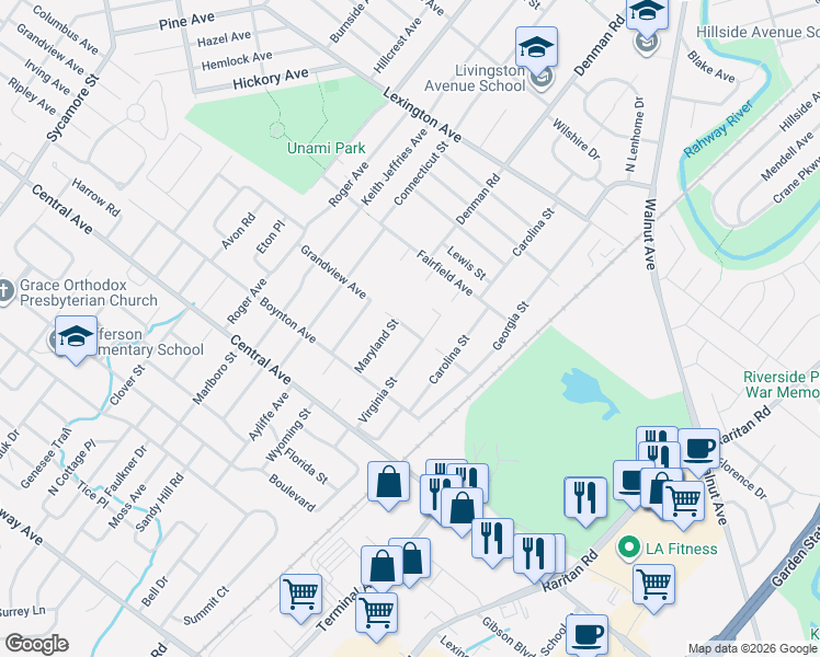 map of restaurants, bars, coffee shops, grocery stores, and more near 1915 Grandview Avenue in Westfield