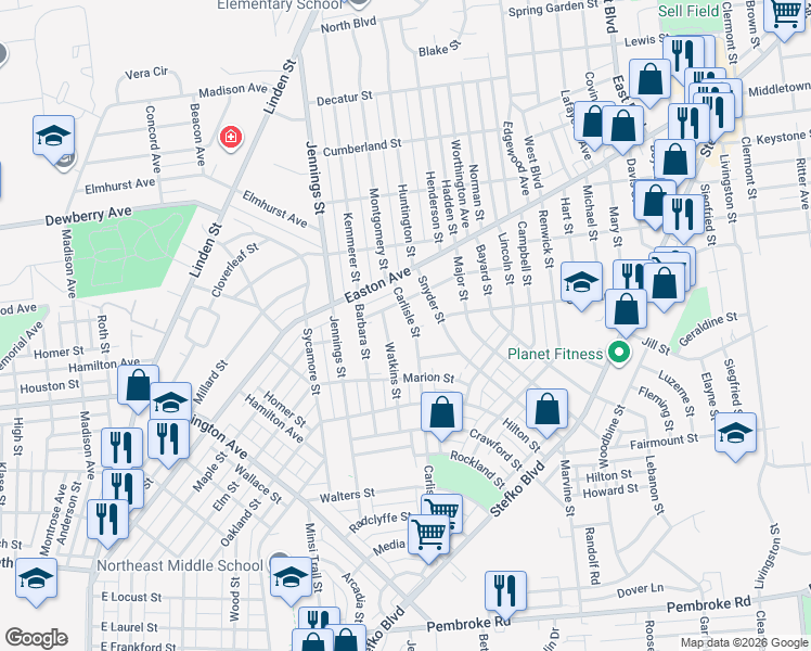 map of restaurants, bars, coffee shops, grocery stores, and more near 1864 Watkins Street in Bethlehem