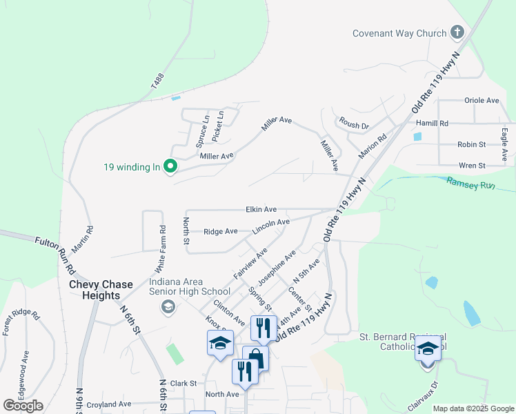 map of restaurants, bars, coffee shops, grocery stores, and more near 243 Elkin Avenue in Indiana