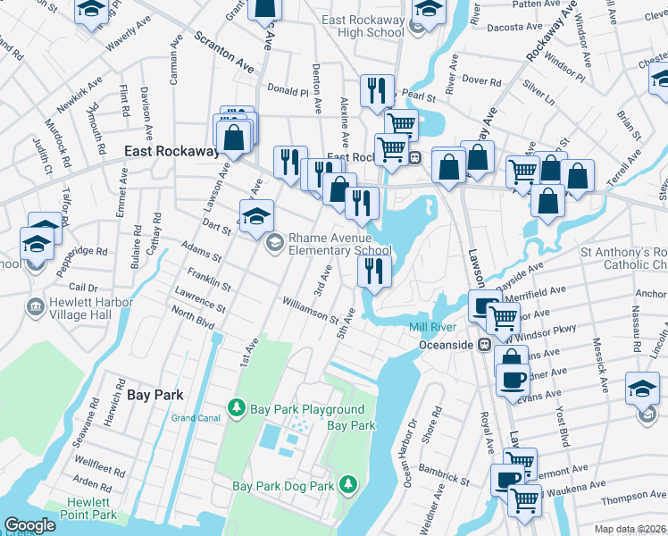 map of restaurants, bars, coffee shops, grocery stores, and more near 3 Morton Avenue in East Rockaway