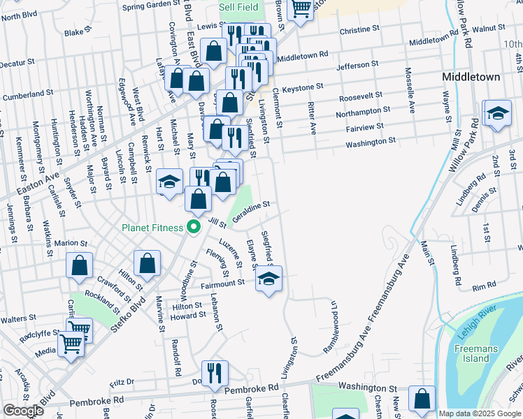 map of restaurants, bars, coffee shops, grocery stores, and more near 1620 Geraldine Street in Bethlehem