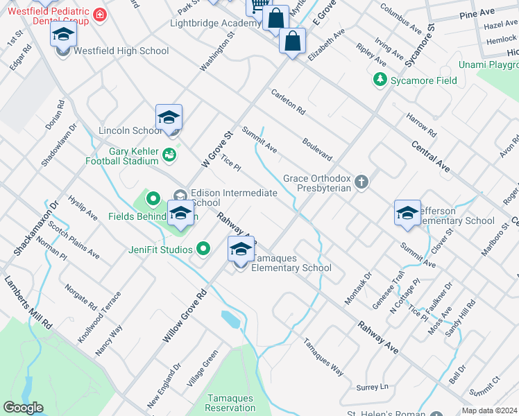 map of restaurants, bars, coffee shops, grocery stores, and more near 961 Cherokee Court in Westfield