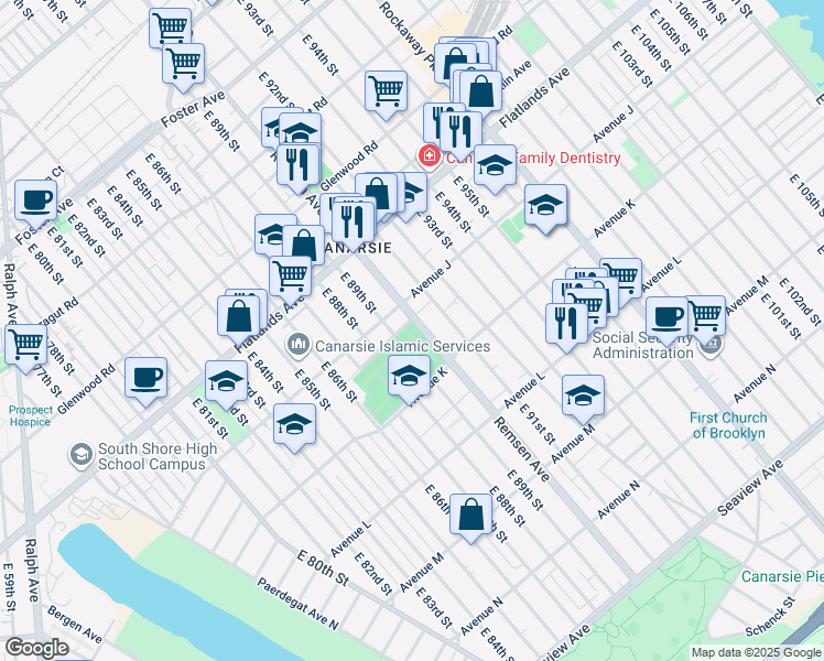 map of restaurants, bars, coffee shops, grocery stores, and more near 1370 Remsen Avenue in Brooklyn