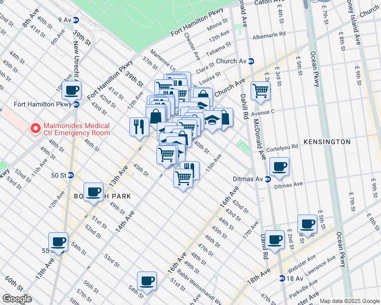 map of restaurants, bars, coffee shops, grocery stores, and more near 1421 41st Street in Brooklyn